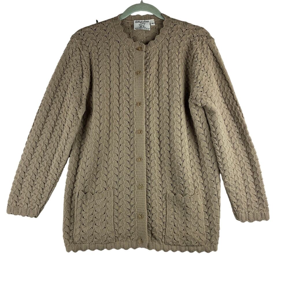 College Point Button Up Sweater Cardigan Women’s Medium USA Pointelle Knit Beige